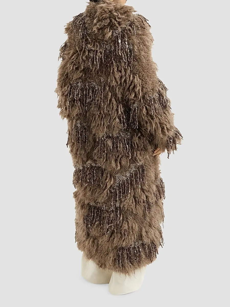 Brunello Cucinelli Women's Dazzling Moss Embroidery Long Cardigan in Mohair and Wool - Light Brown | Thumbnail 4