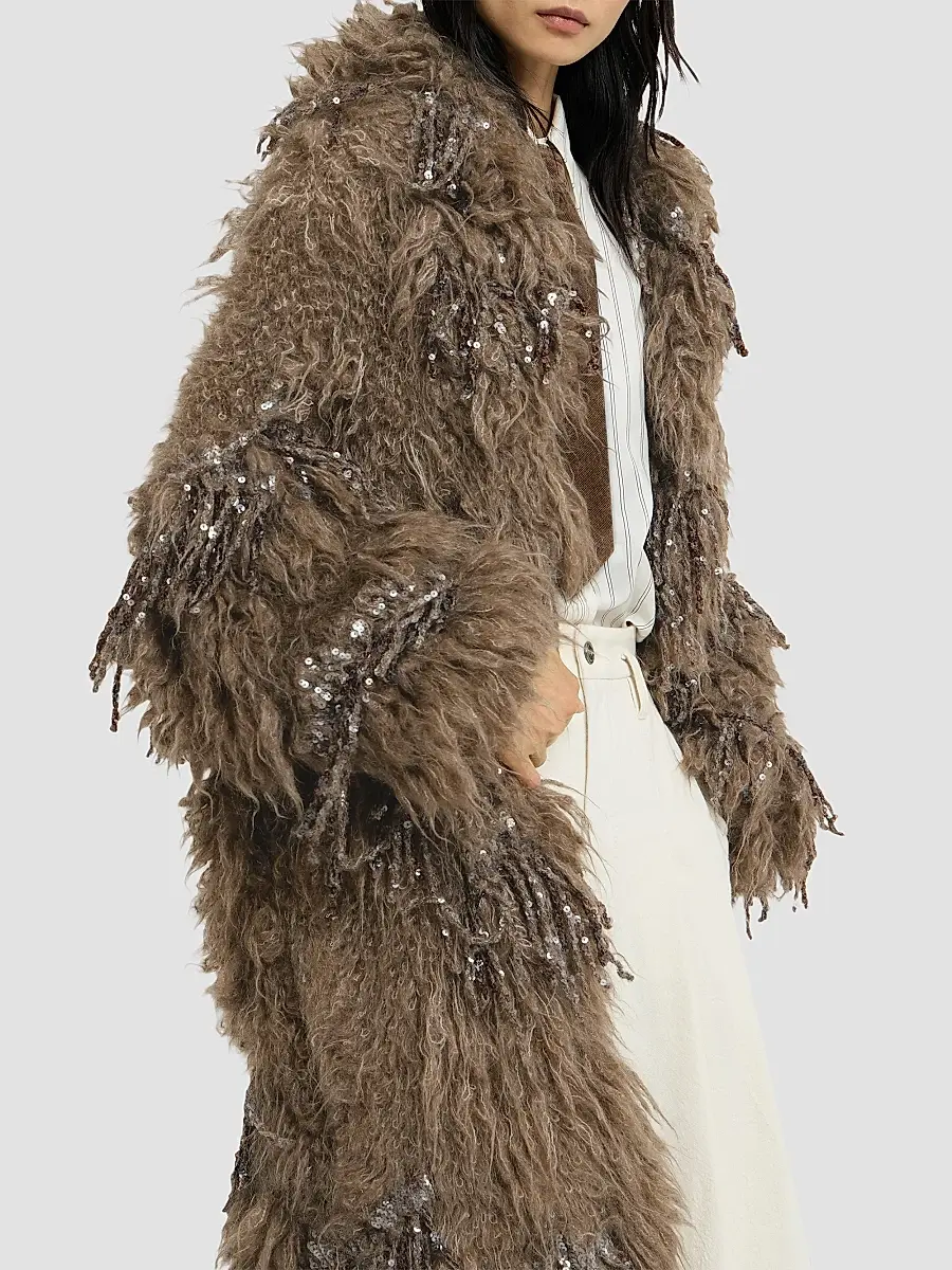 Brunello Cucinelli Women's Dazzling Moss Embroidery Long Cardigan in Mohair and Wool - Light Brown | Thumbnail 5