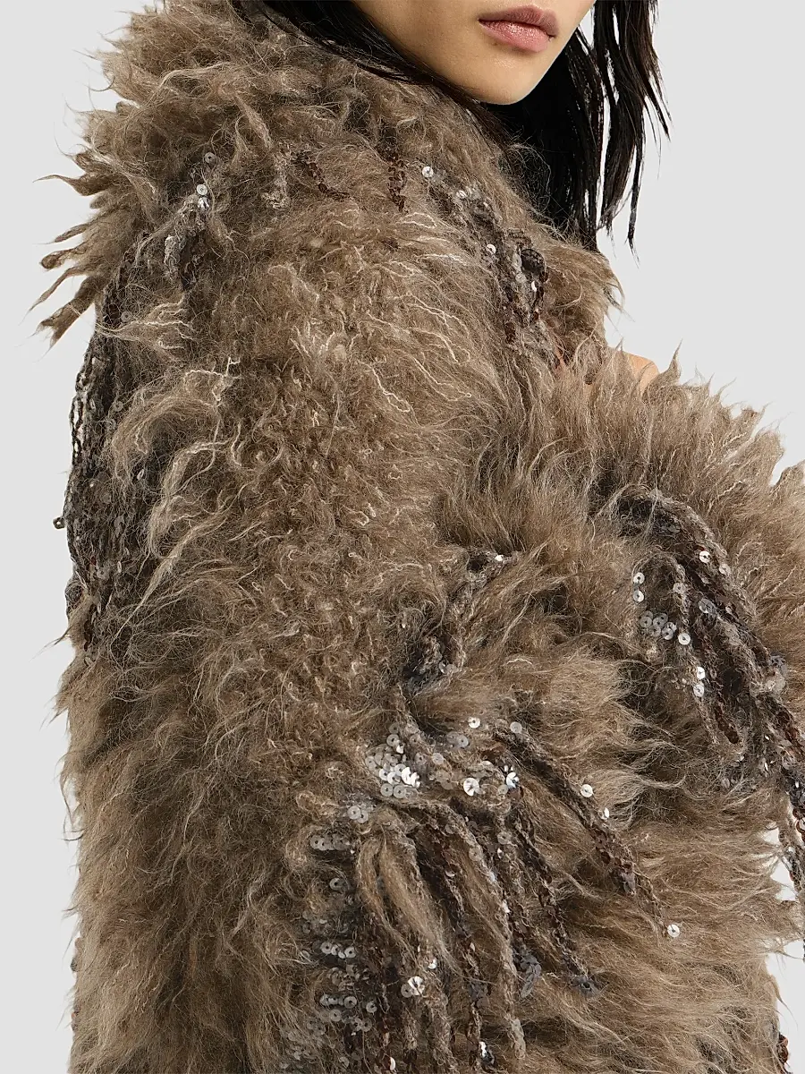 Brunello Cucinelli Women's Dazzling Moss Embroidery Long Cardigan in Mohair and Wool - Light Brown | Thumbnail 6
