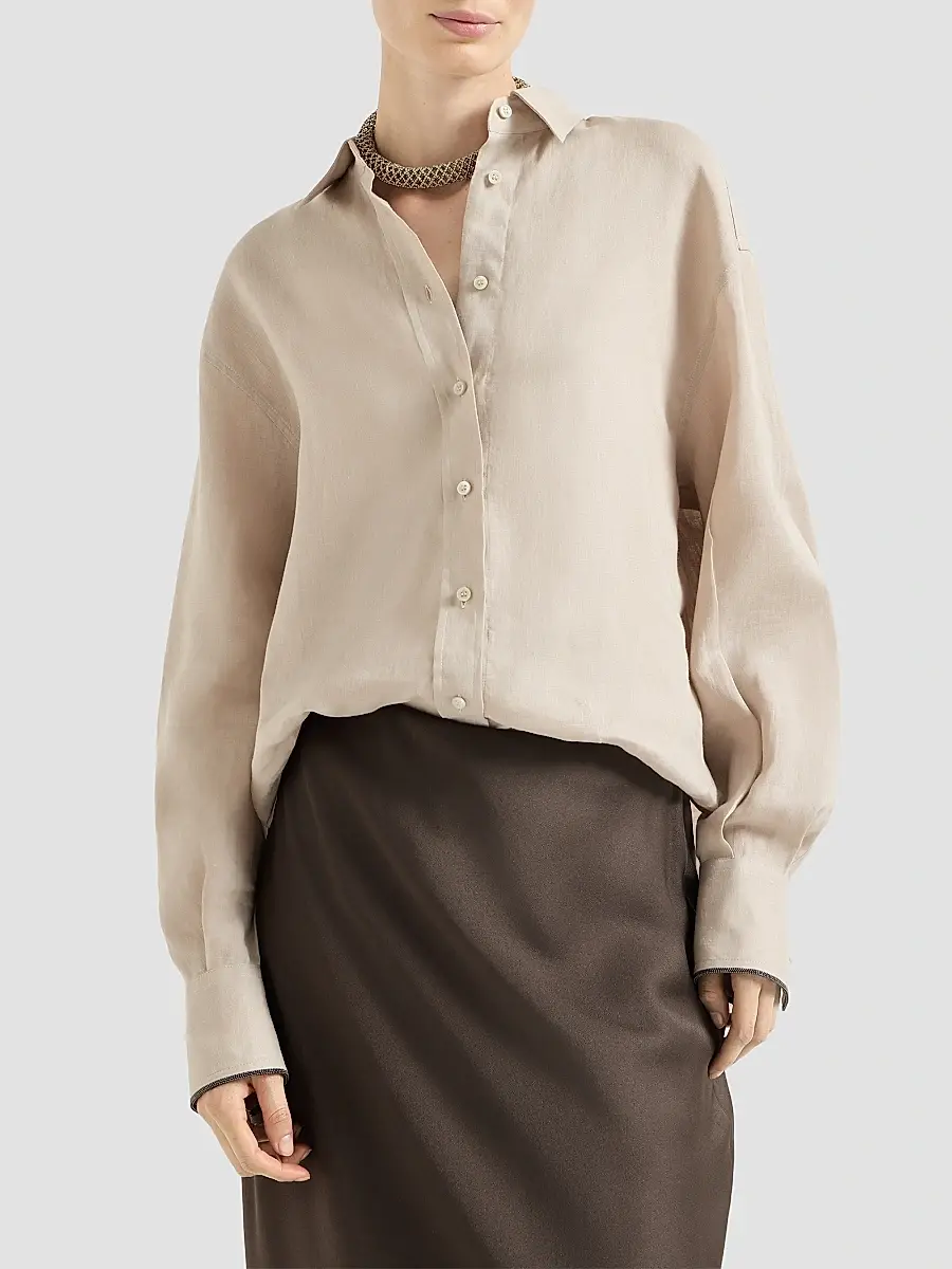 Brunello Cucinelli Women's Linen Shirt with Monili - Beige | Thumbnail 3