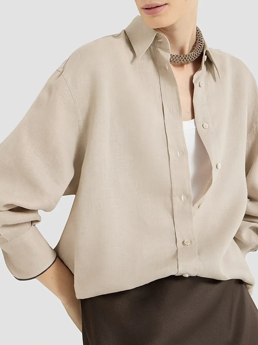 Brunello Cucinelli Women's Linen Shirt with Monili - Beige | Thumbnail 5