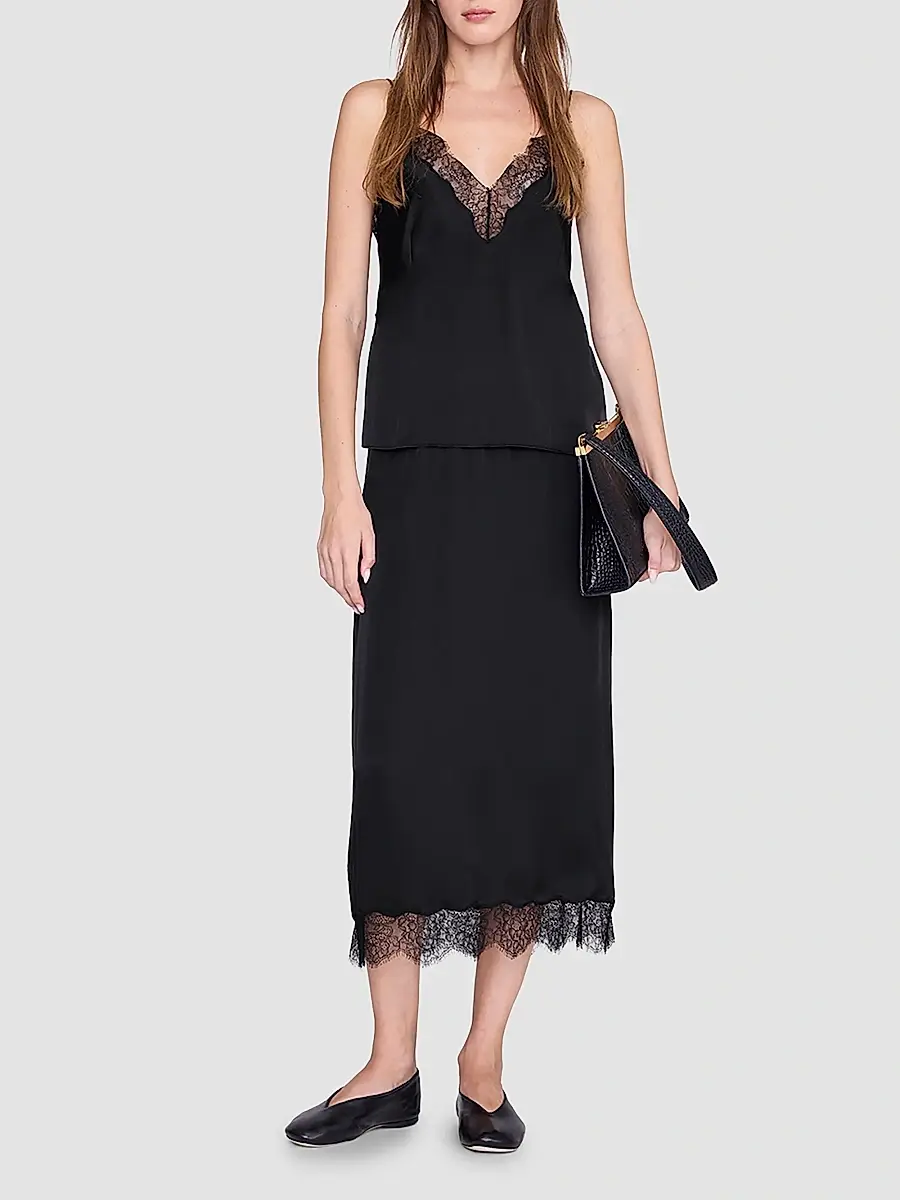 Anine Bing Women's Shelby Silk-Blend Lace-Trim Midi Skirt | Thumbnail 4