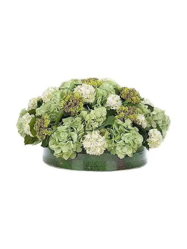 NDI Snowball Hydrangeas Faux Floral Arrangement in Moss Glass Vase