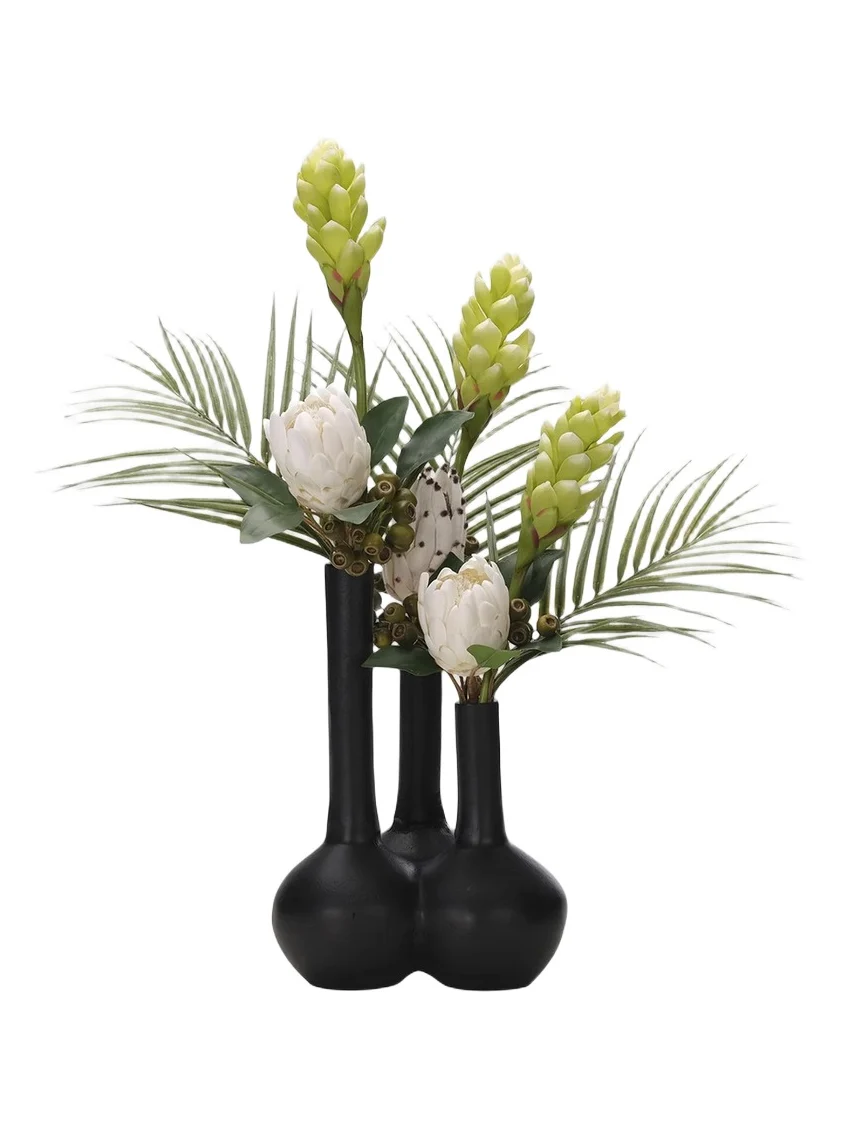 NDI Faux Protea & Ginger Arrangement In Metal Vase - Green