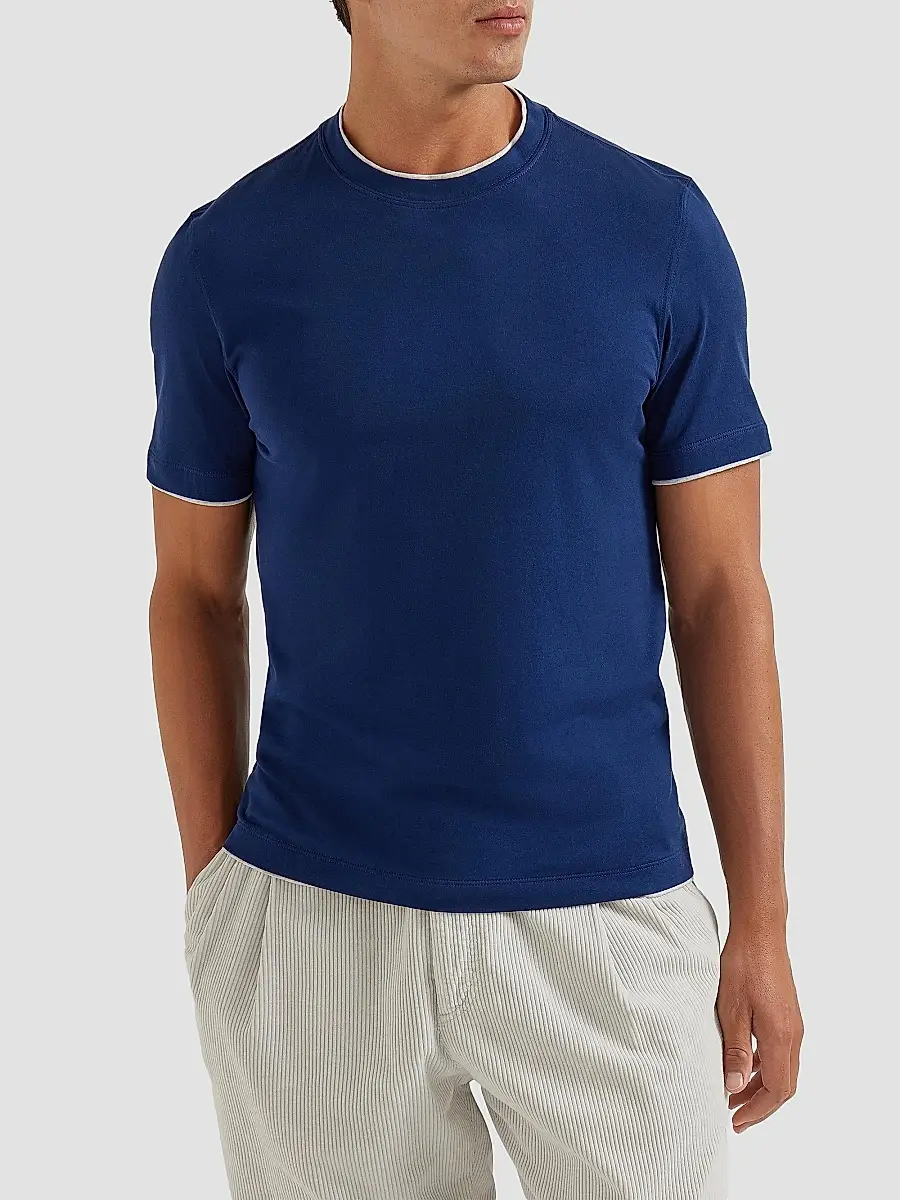 Brunello Cucinelli Men's Cotton Jersey Crew Neck T-Shirt with Faux Layering - Blue | Thumbnail 2 Brunello Cucinelli Men's Cotton Jersey Crew Neck T-Shirt with Faux Layering - Blue | Thumbnail 2