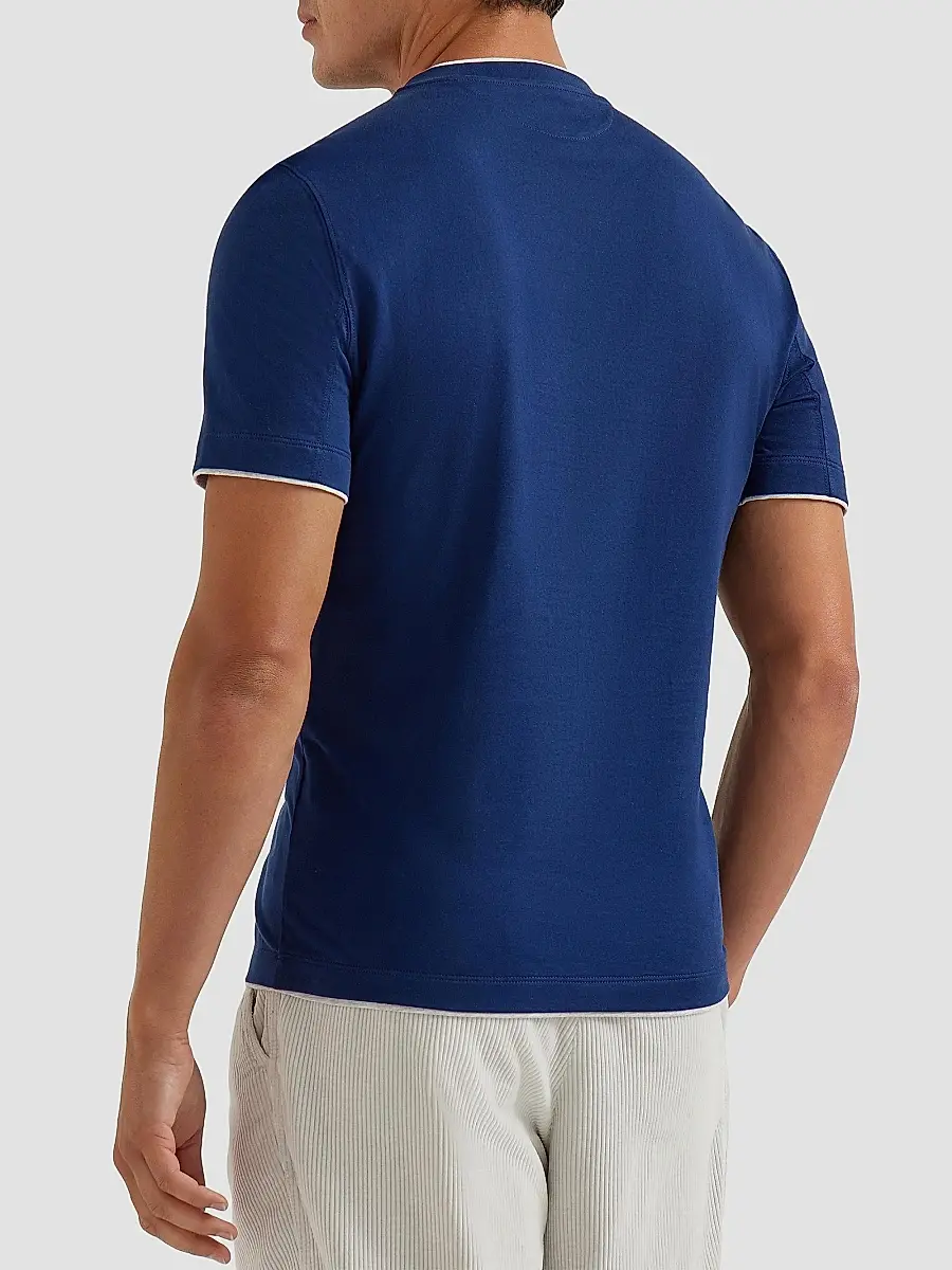 Brunello Cucinelli Men's Cotton Jersey Crew Neck T-Shirt with Faux Layering - Blue | Thumbnail 3 Brunello Cucinelli Men's Cotton Jersey Crew Neck T-Shirt with Faux Layering - Blue | Thumbnail 3
