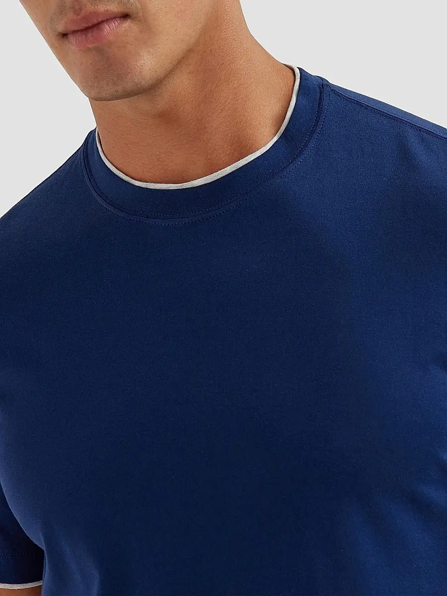 Brunello Cucinelli Men's Cotton Jersey Crew Neck T-Shirt with Faux Layering - Blue | Thumbnail 4 Brunello Cucinelli Men's Cotton Jersey Crew Neck T-Shirt with Faux Layering - Blue | Thumbnail 4