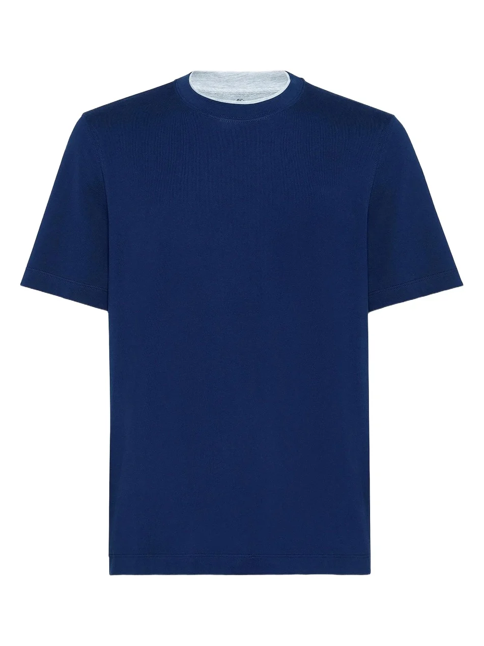 Men's Cotton Jersey Crew Neck T-Shirt with Faux Layering - Blue Men's Cotton Jersey Crew Neck T-Shirt with Faux Layering - Blue