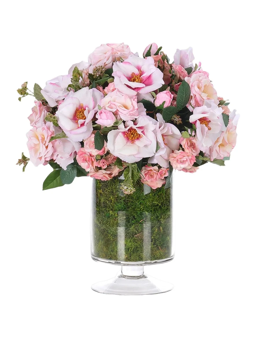 NDI Faux Rose Arrangement With Moss In Glass Footed Vase