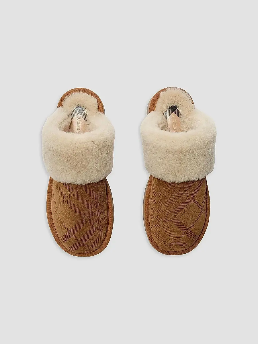 Burberry Women's Flint Check Shearling & Suede Mules - Jute | Thumbnail 4 Burberry Women's Flint Check Shearling & Suede Mules - Jute | Thumbnail 4