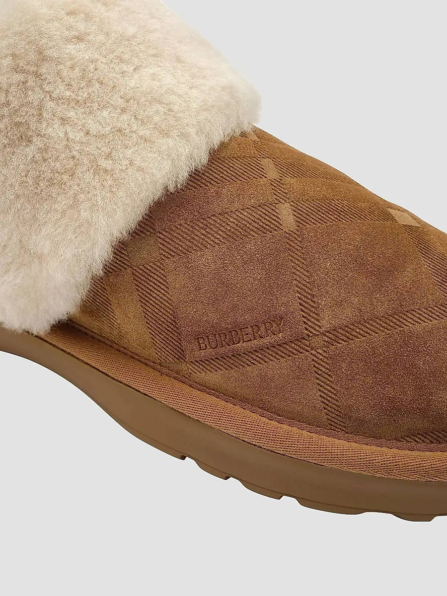 Burberry Women's Flint Check Shearling & Suede Mules - Jute | Thumbnail 6 Burberry Women's Flint Check Shearling & Suede Mules - Jute | Thumbnail 6
