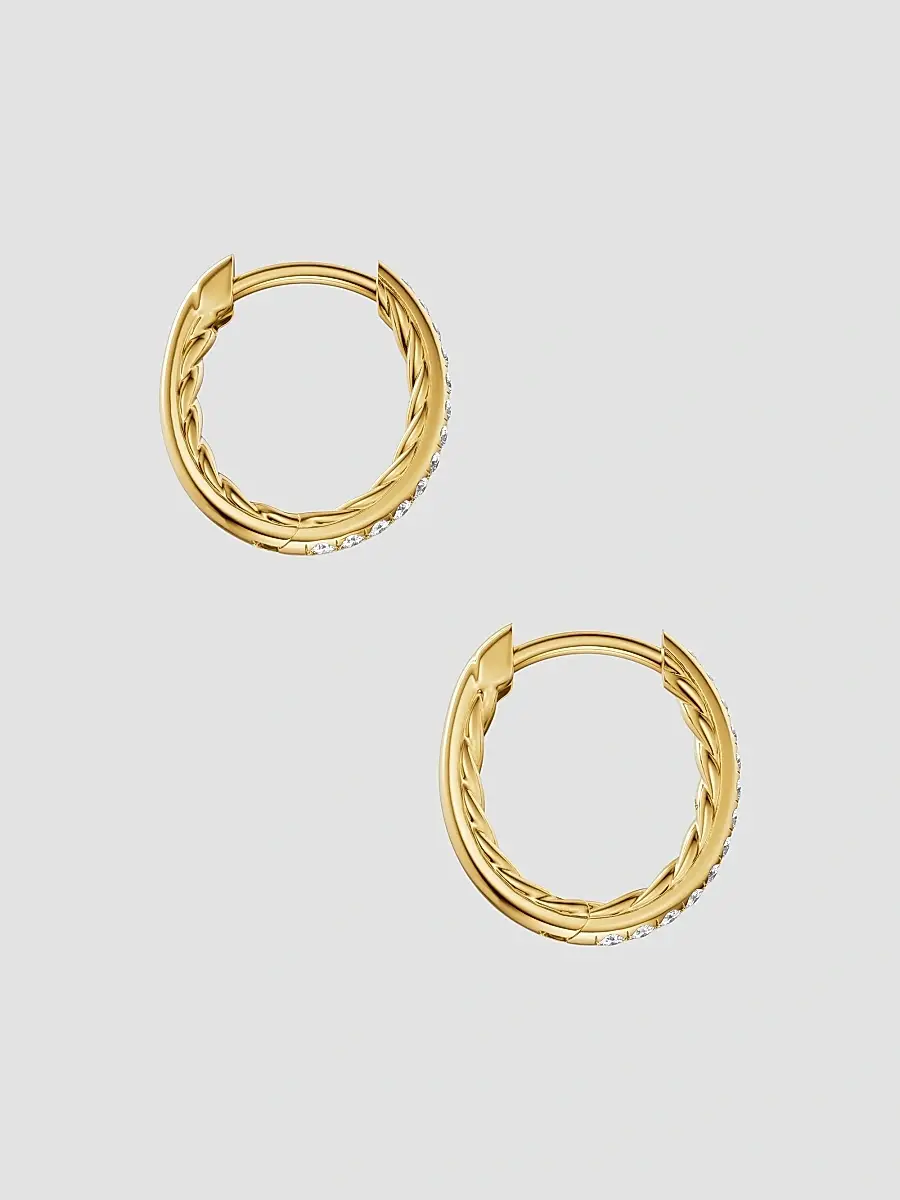 David Yurman Women's Petite Pavé Hoop Earrings in 18K Yellow Gold with Diamonds, 12.7MM - Gold | Thumbnail 4