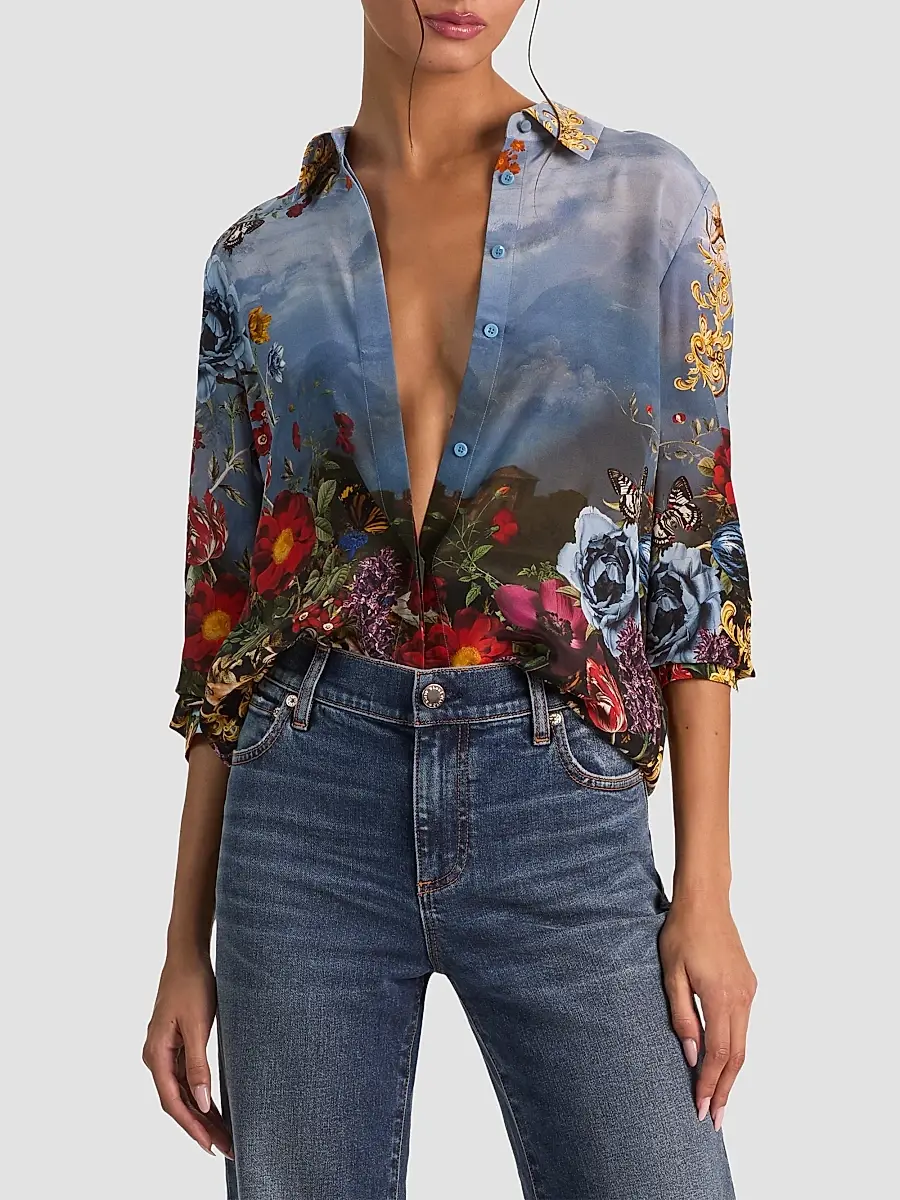 Alice + Olivia Women's Willa Floral Silk Button-Front Top | Thumbnail 4 Alice + Olivia Women's Willa Floral Silk Button-Front Top | Thumbnail 4