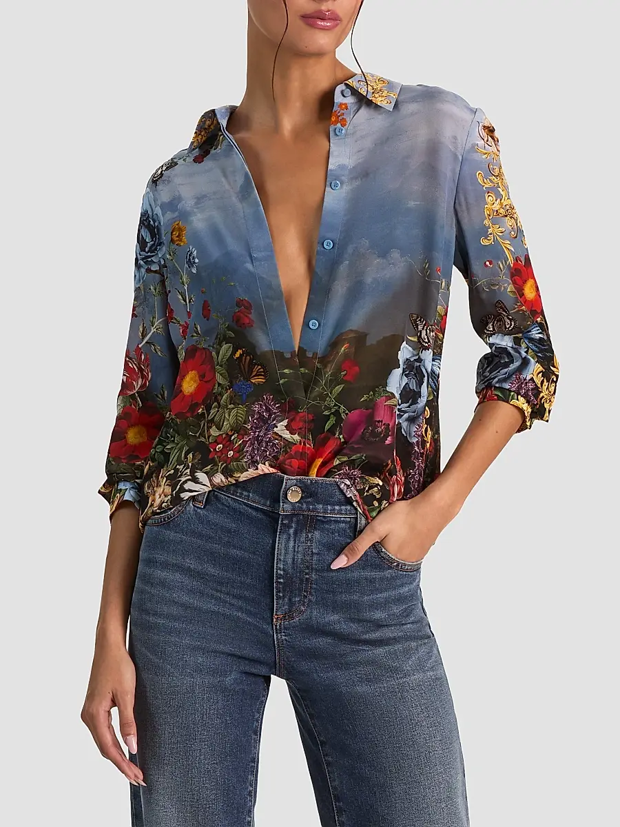 Alice + Olivia Women's Willa Floral Silk Button-Front Top | Thumbnail 6 Alice + Olivia Women's Willa Floral Silk Button-Front Top | Thumbnail 6