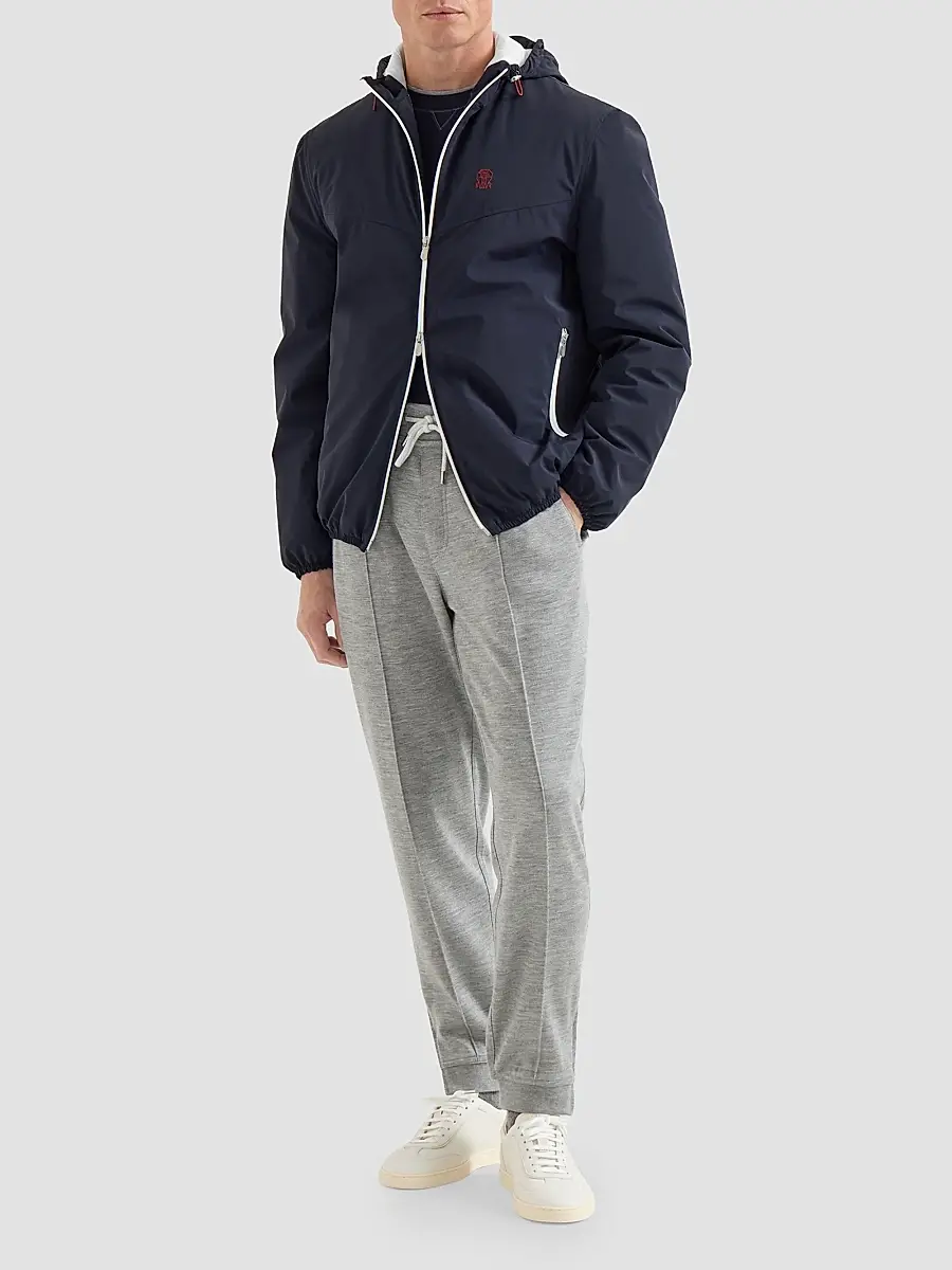 Brunello Cucinelli Men's Bonded Nylon Hooded Outerwear Jacket with Thermore Padding and Logo - Navy Blue | Thumbnail 2