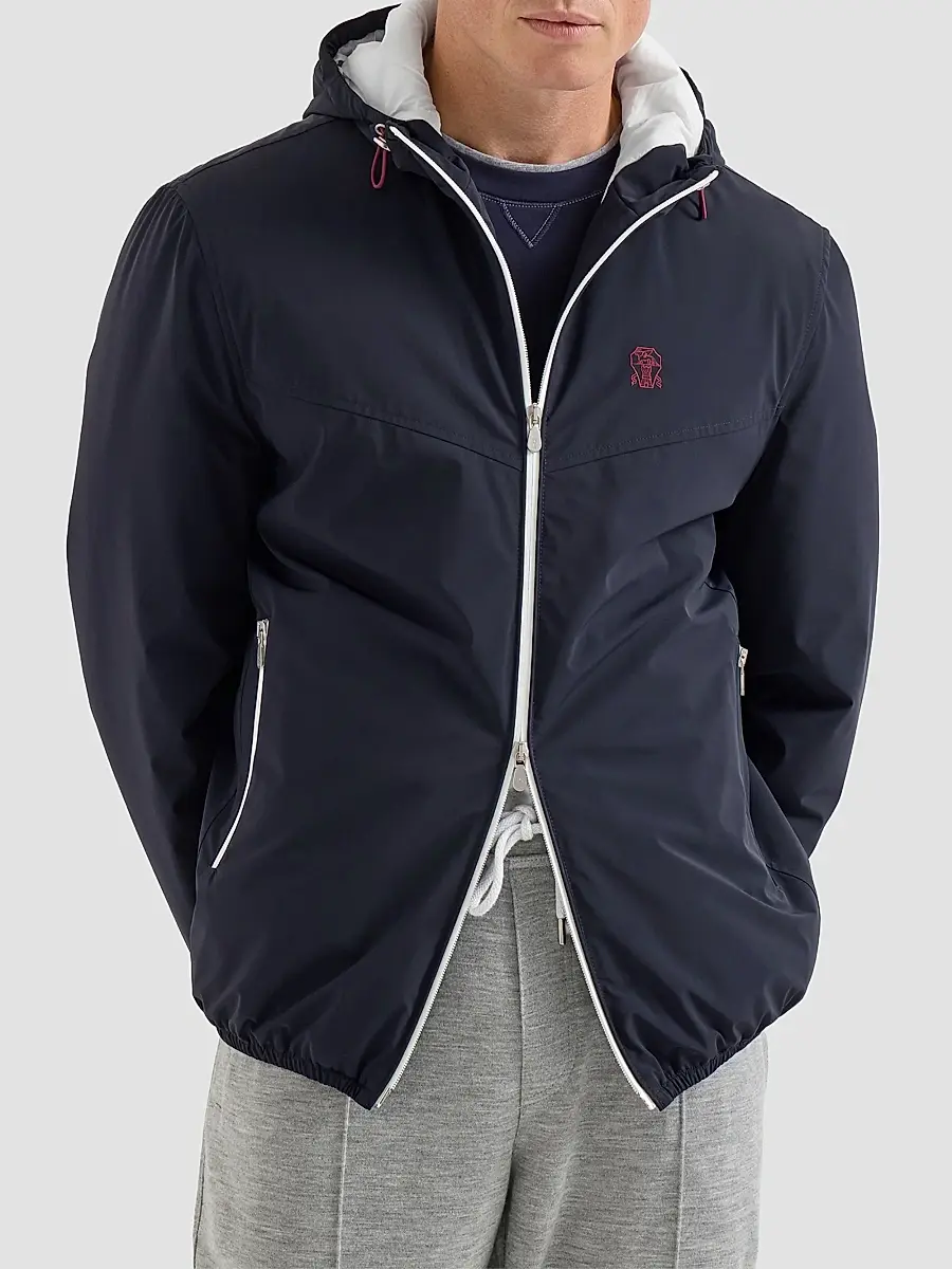 Brunello Cucinelli Men's Bonded Nylon Hooded Outerwear Jacket with Thermore Padding and Logo - Navy Blue | Thumbnail 3