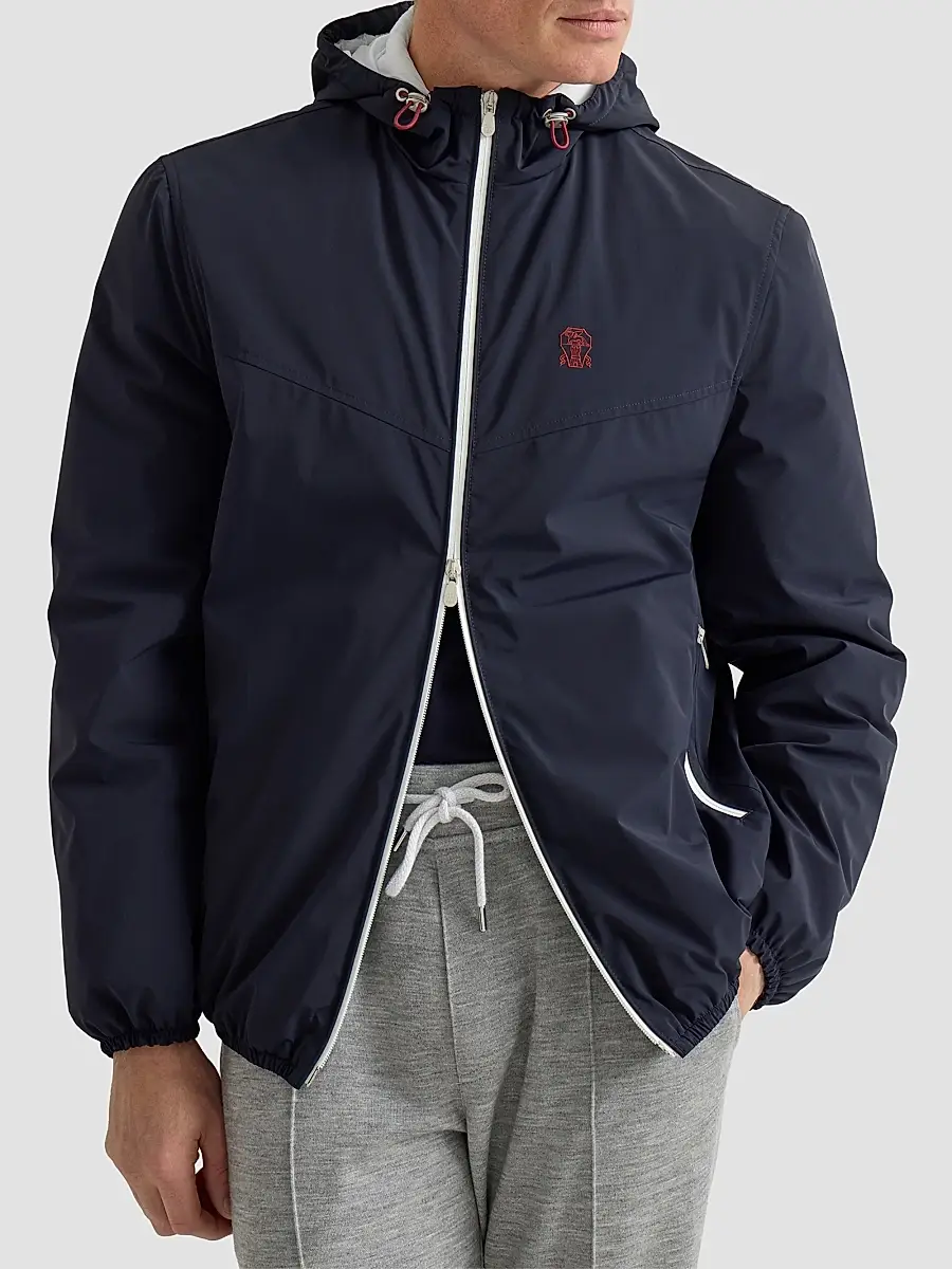 Brunello Cucinelli Men's Bonded Nylon Hooded Outerwear Jacket with Thermore Padding and Logo - Navy Blue | Thumbnail 5