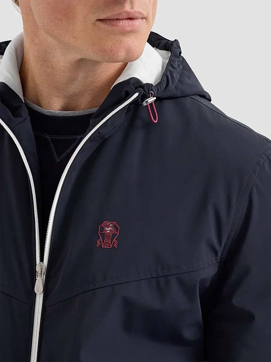 Brunello Cucinelli Men's Bonded Nylon Hooded Outerwear Jacket with Thermore Padding and Logo - Navy Blue | Thumbnail 6