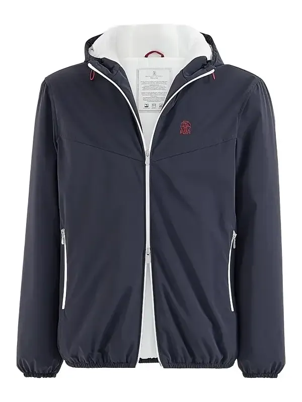Brunello Cucinelli Men's Bonded Nylon Hooded Outerwear Jacket with Thermore Padding and Logo - Navy Blue