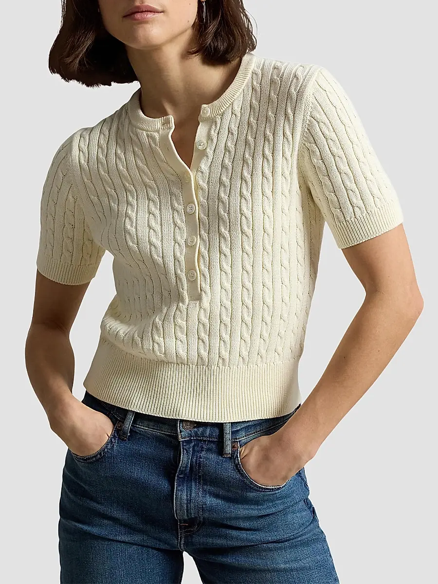 Polo Ralph Lauren Women's Mini-Cable Short-Sleeve Henley Sweater | Thumbnail 4 Polo Ralph Lauren Women's Mini-Cable Short-Sleeve Henley Sweater | Thumbnail 4