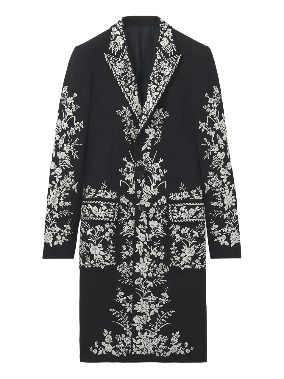 Men's Floral-Embroidered Wool Longline Coat