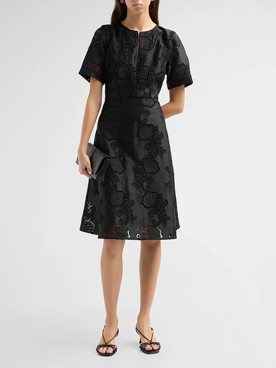 Misook Women's Floral Eyelet Crepe de Chine A-Line Knee-Length Dress | Thumbnail 2