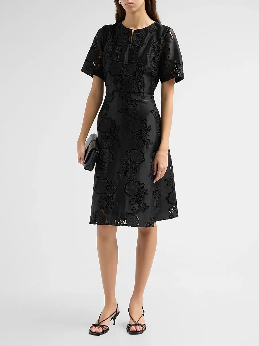 Misook Women's Floral Eyelet Crepe de Chine A-Line Knee-Length Dress | Thumbnail 4