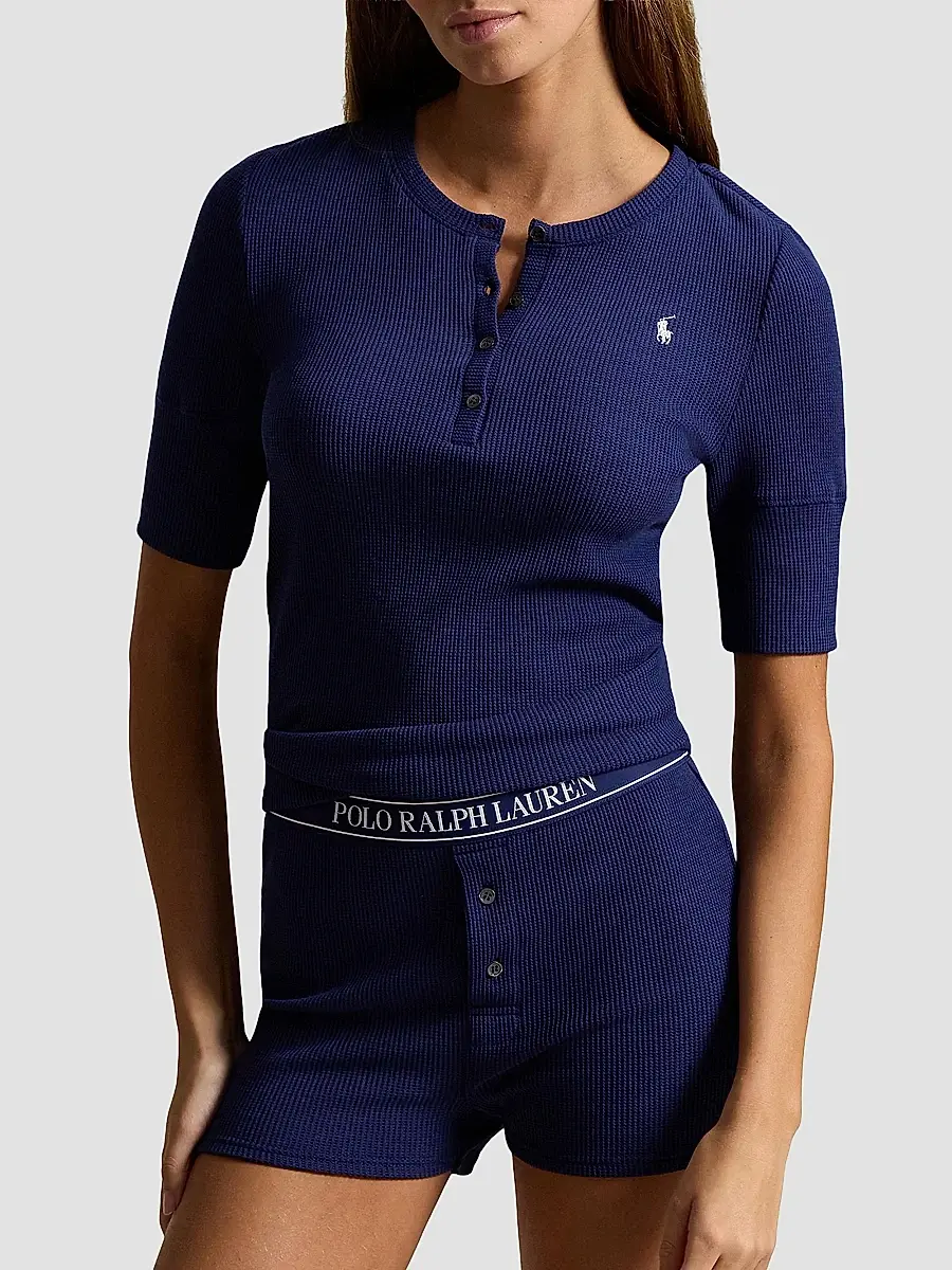 Polo Ralph Lauren Women's Club Waffle Henley & Shorts Pajamas - Navy | Thumbnail 2 Polo Ralph Lauren Women's Club Waffle Henley & Shorts Pajamas - Navy | Thumbnail 2