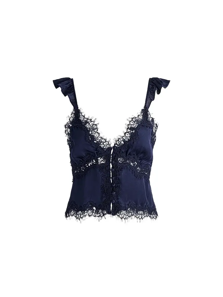 Alice + Olivia Women's Rafaella Lace-Trim Ruffled Satin Top