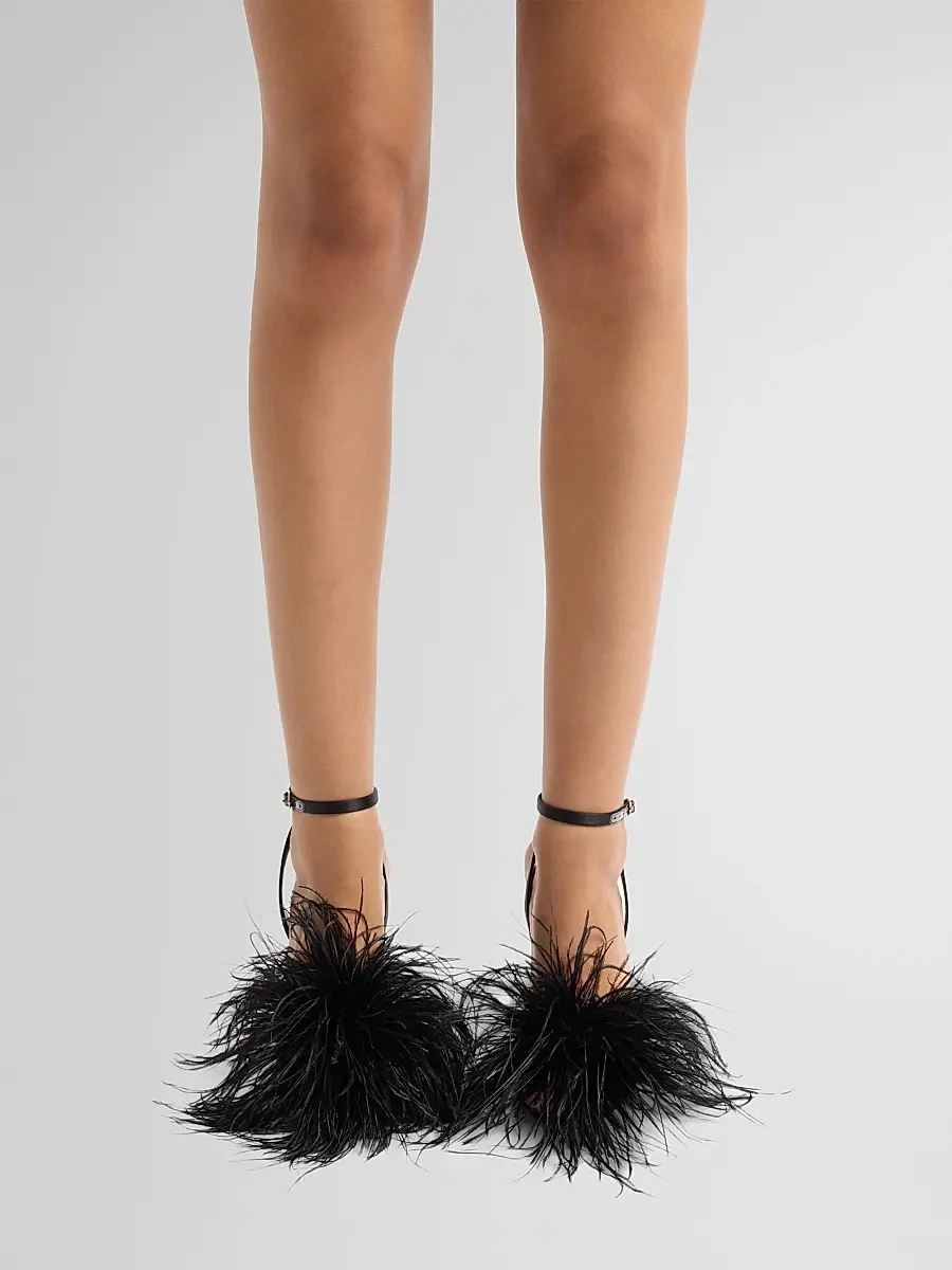 Stuart Weitzman Women's Boa 100MM Feather-Accent Satin Sandals | Thumbnail 2