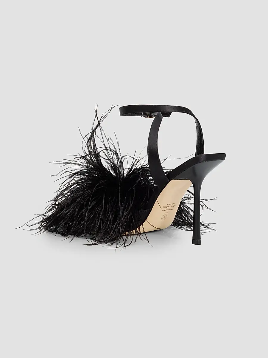 Stuart Weitzman Women's Boa 100MM Feather-Accent Satin Sandals | Thumbnail 4