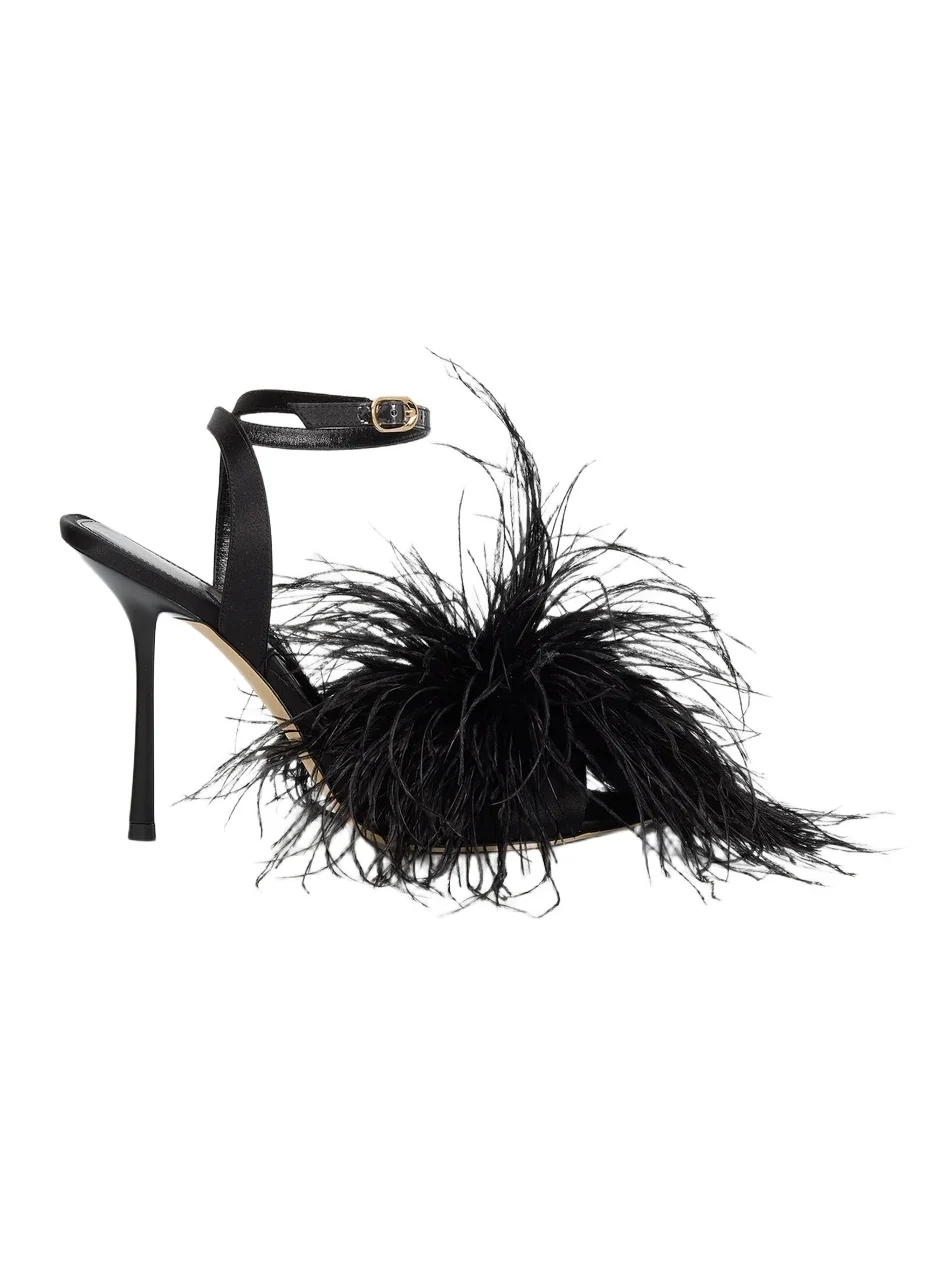 Stuart Weitzman Women's Boa 100MM Feather-Accent Satin Sandals