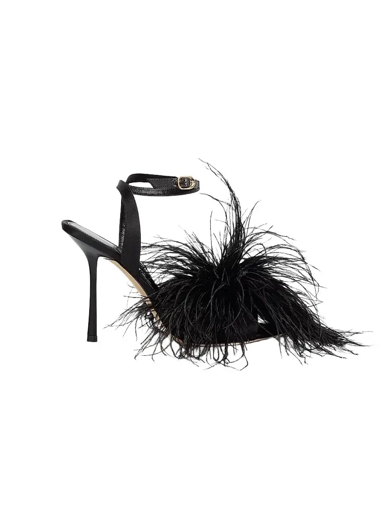 Stuart Weitzman Women's Boa 100MM Feather-Accent Satin Sandals