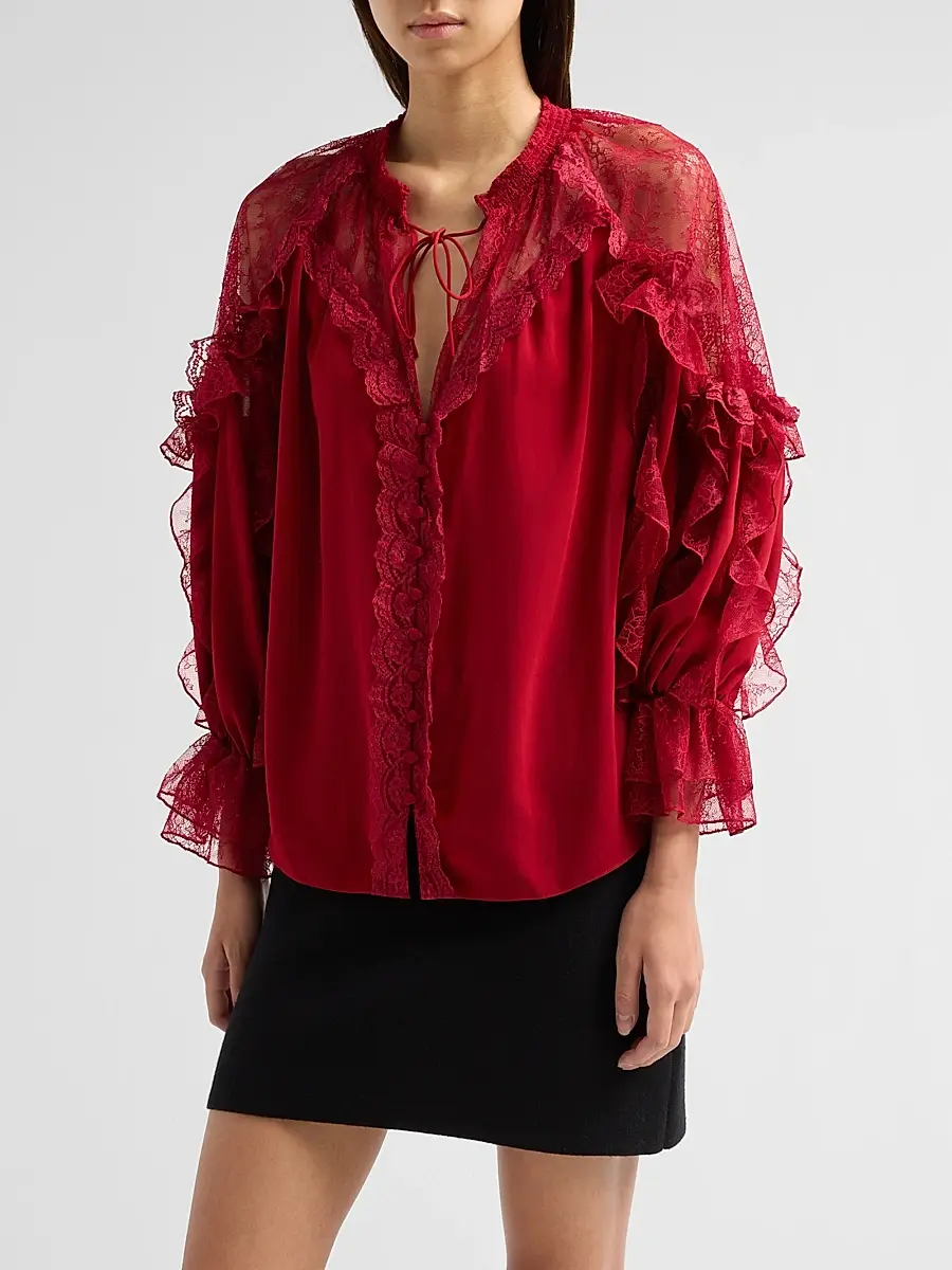 Alice + Olivia Women's Aleena Ruffled Lace-Trim Blouse | Thumbnail 4 Alice + Olivia Women's Aleena Ruffled Lace-Trim Blouse | Thumbnail 4