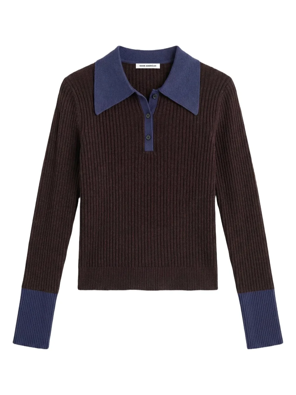 Women's Rib-Knit Merino Wool Polo Sweater