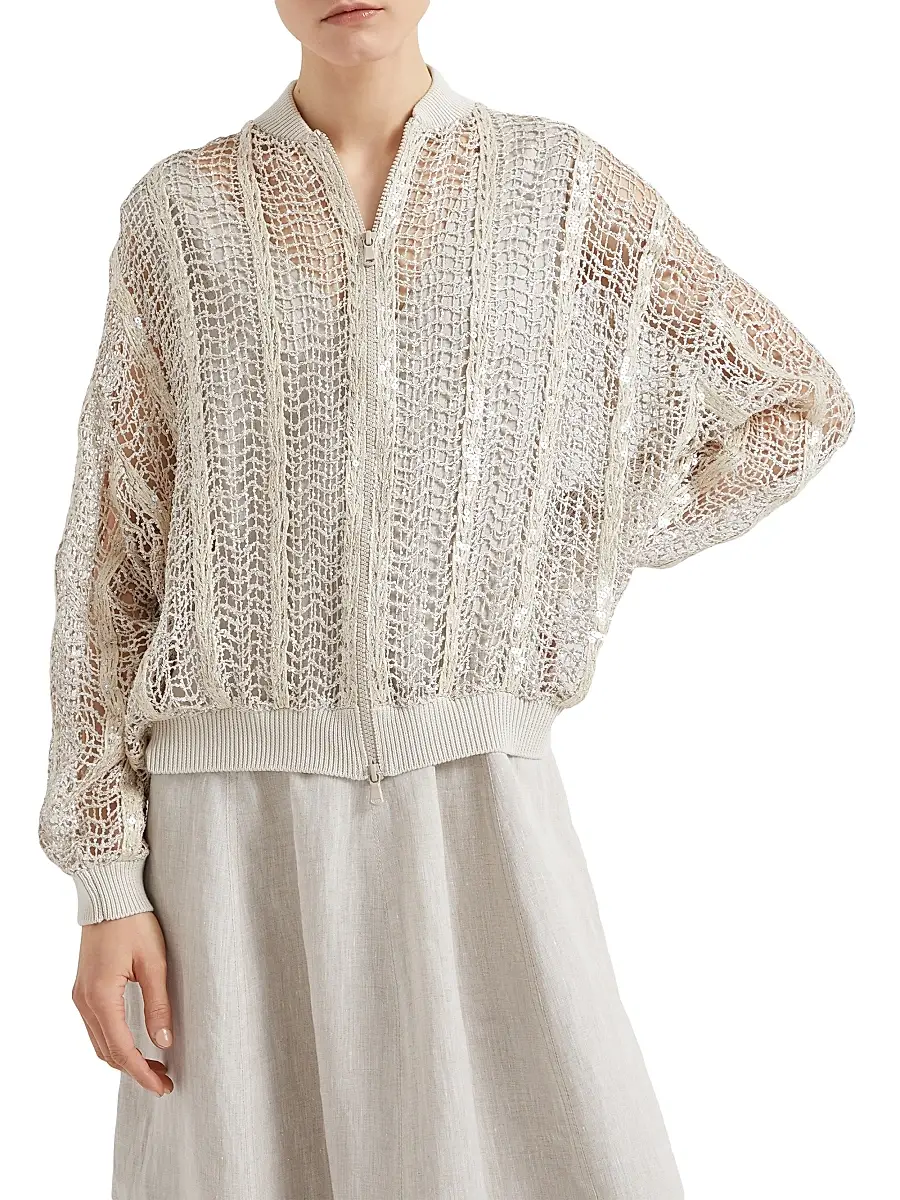 Brunello Cucinelli Women's Dazzling Striped Net Embroidery Bomber Jacket | Thumbnail 2 Brunello Cucinelli Women's Dazzling Striped Net Embroidery Bomber Jacket | Thumbnail 2