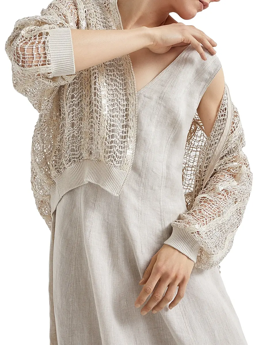 Brunello Cucinelli Women's Dazzling Striped Net Embroidery Bomber Jacket | Thumbnail 4 Brunello Cucinelli Women's Dazzling Striped Net Embroidery Bomber Jacket | Thumbnail 4