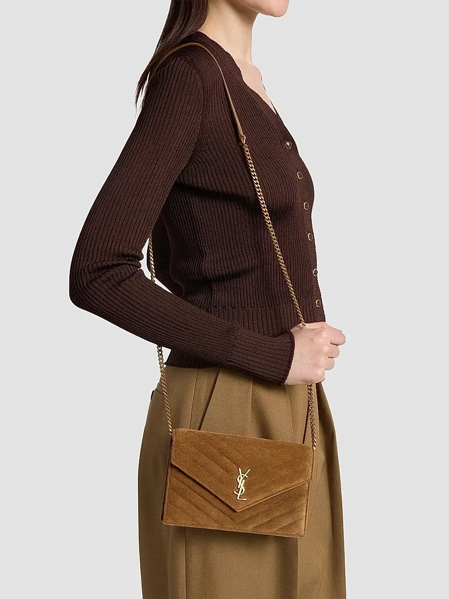 Saint Laurent Women's Cassandre Envelope Chain Wallet in Suede - Caramel Cognac | Thumbnail 2