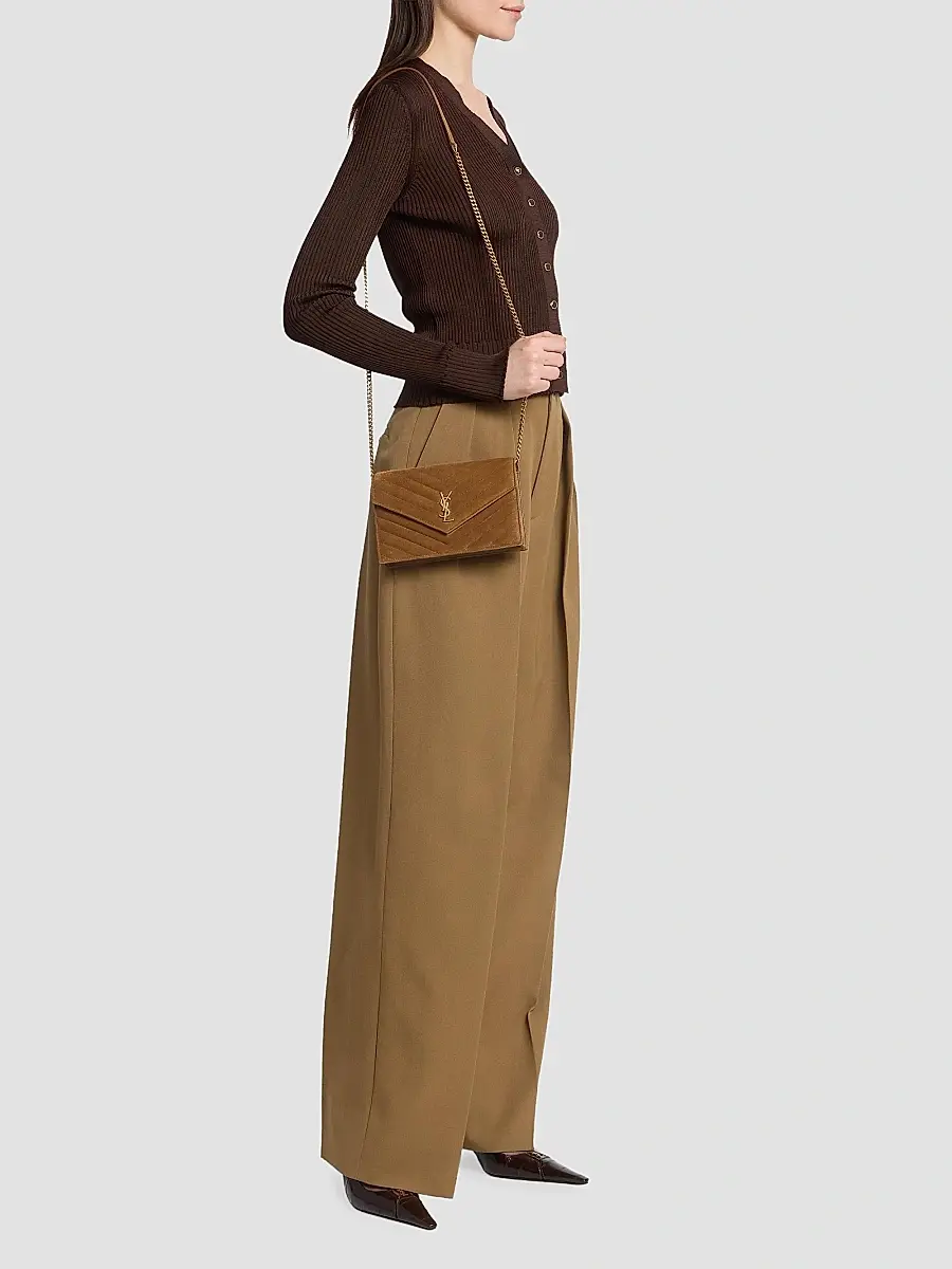 Saint Laurent Women's Cassandre Envelope Chain Wallet in Suede - Caramel Cognac | Thumbnail 5