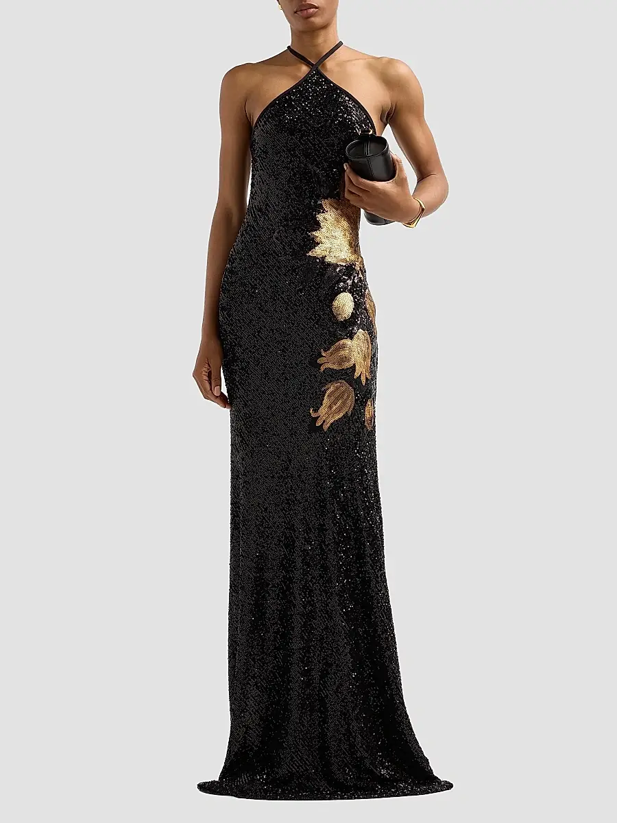 Naeem Khan Women's Flower Stretch Sequin Halter Gown | Thumbnail 2 Naeem Khan Women's Flower Stretch Sequin Halter Gown | Thumbnail 2