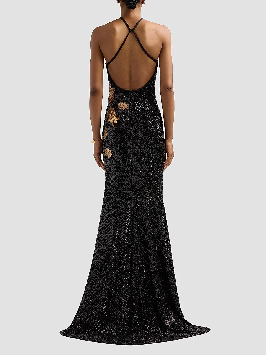 Naeem Khan Women's Flower Stretch Sequin Halter Gown | Thumbnail 3 Naeem Khan Women's Flower Stretch Sequin Halter Gown | Thumbnail 3
