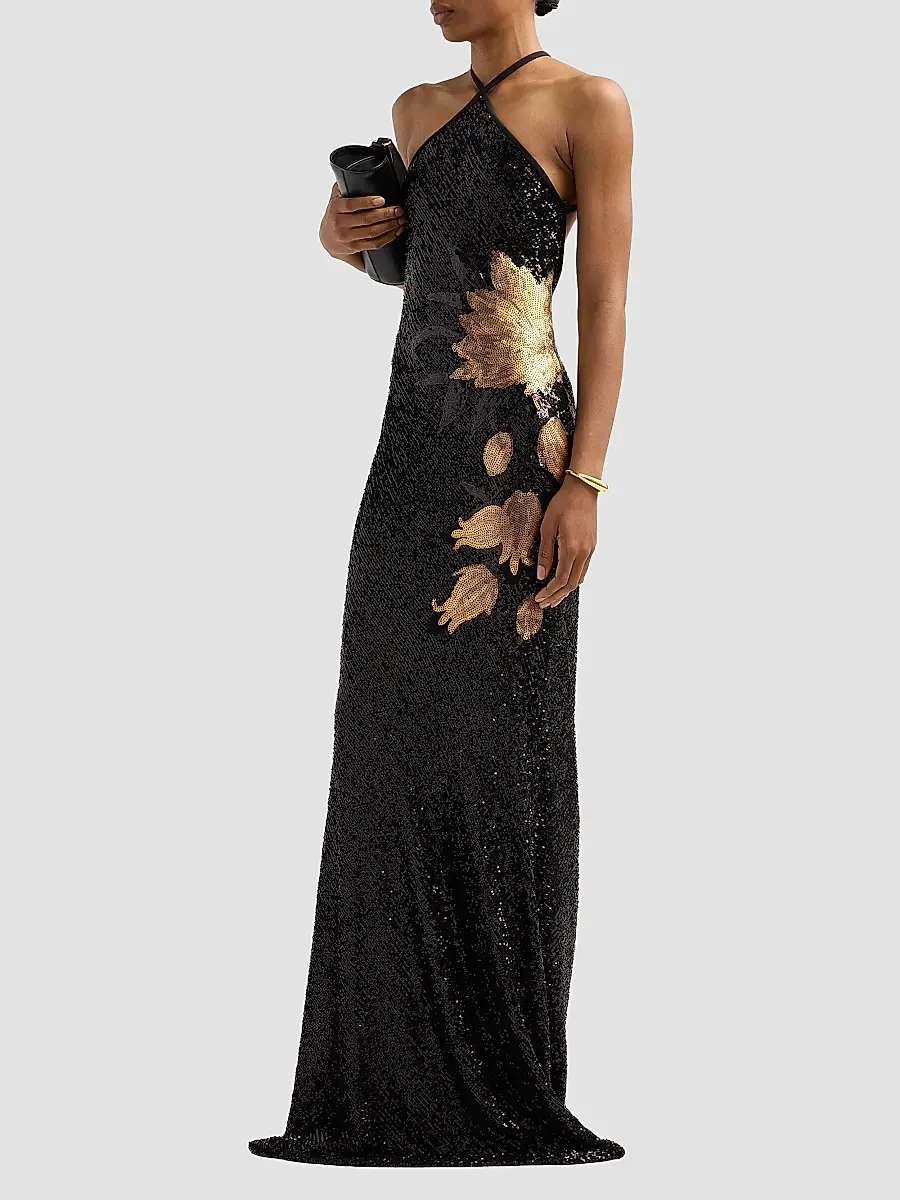 Naeem Khan Women's Flower Stretch Sequin Halter Gown | Thumbnail 4 Naeem Khan Women's Flower Stretch Sequin Halter Gown | Thumbnail 4