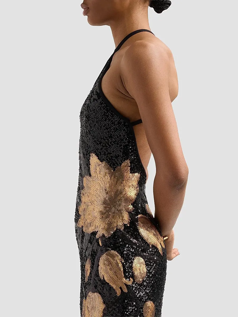 Naeem Khan Women's Flower Stretch Sequin Halter Gown | Thumbnail 5 Naeem Khan Women's Flower Stretch Sequin Halter Gown | Thumbnail 5