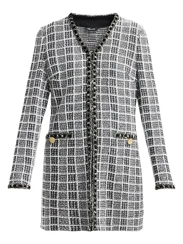 Misook Women's Plaid Velvet-Trim Longline Jacket