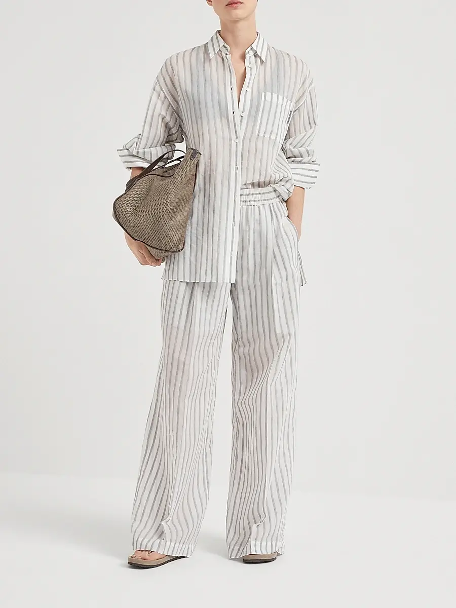 Brunello Cucinelli Women's Cotton and Silk Loose Track Trousers | Thumbnail 5