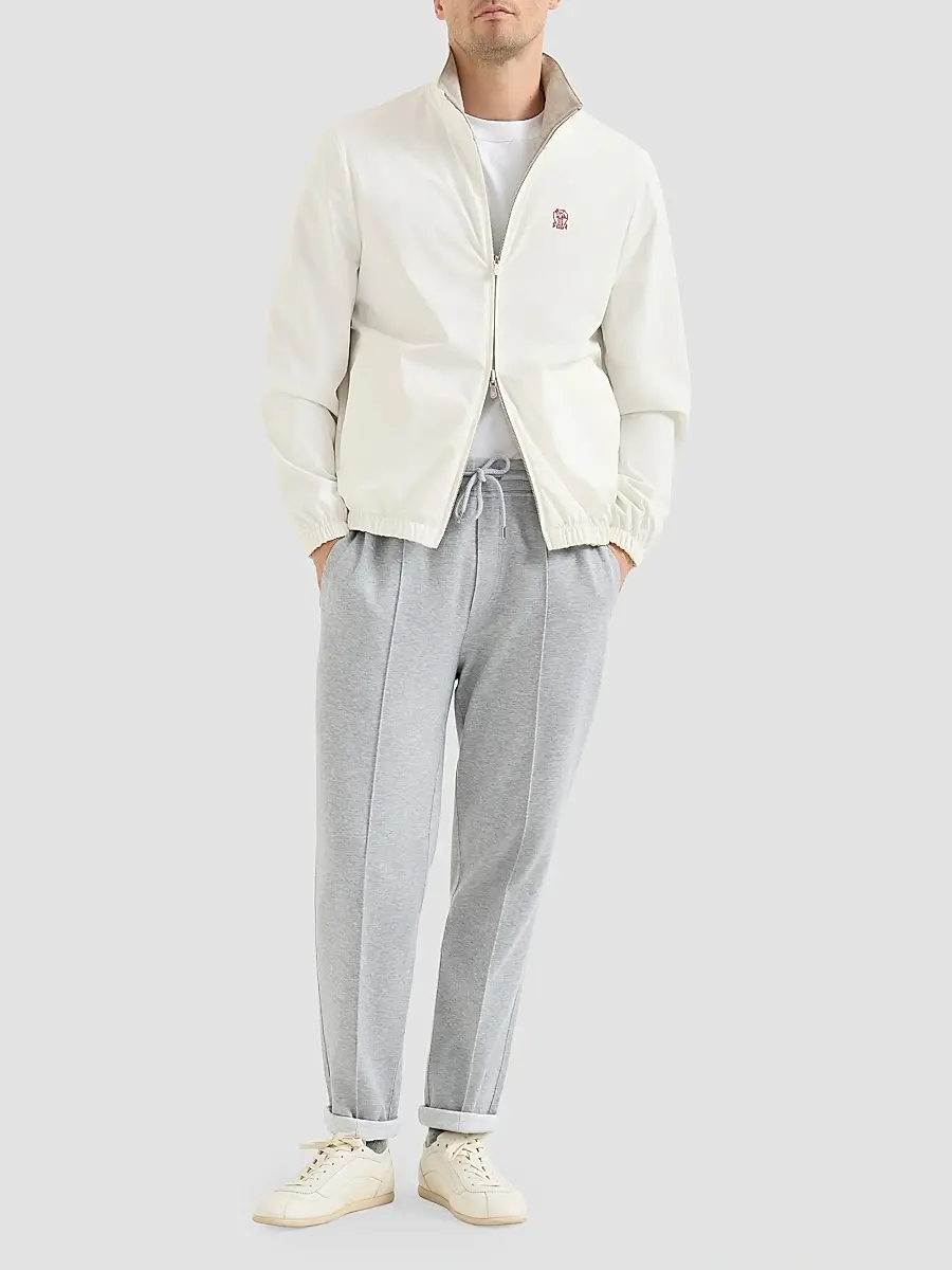 Brunello Cucinelli Men's Bonded Nylon Reversible Outerwear Jacket with Logo - Off White | Thumbnail 2