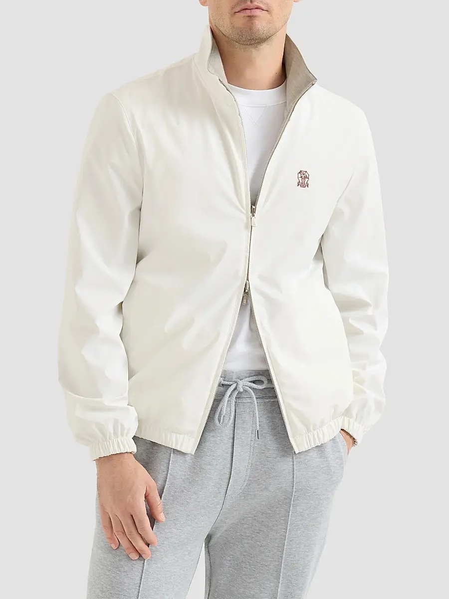 Brunello Cucinelli Men's Bonded Nylon Reversible Outerwear Jacket with Logo - Off White | Thumbnail 3