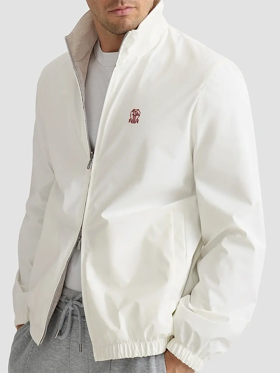 Brunello Cucinelli Men's Bonded Nylon Reversible Outerwear Jacket with Logo - Off White | Thumbnail 5