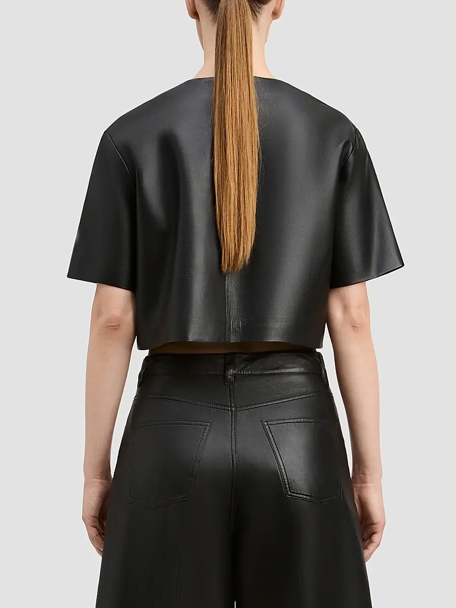 Derek Lam Women's Billie Paper Leather Short Sleeve Crop Top | Thumbnail 3 Derek Lam Women's Billie Paper Leather Short Sleeve Crop Top | Thumbnail 3