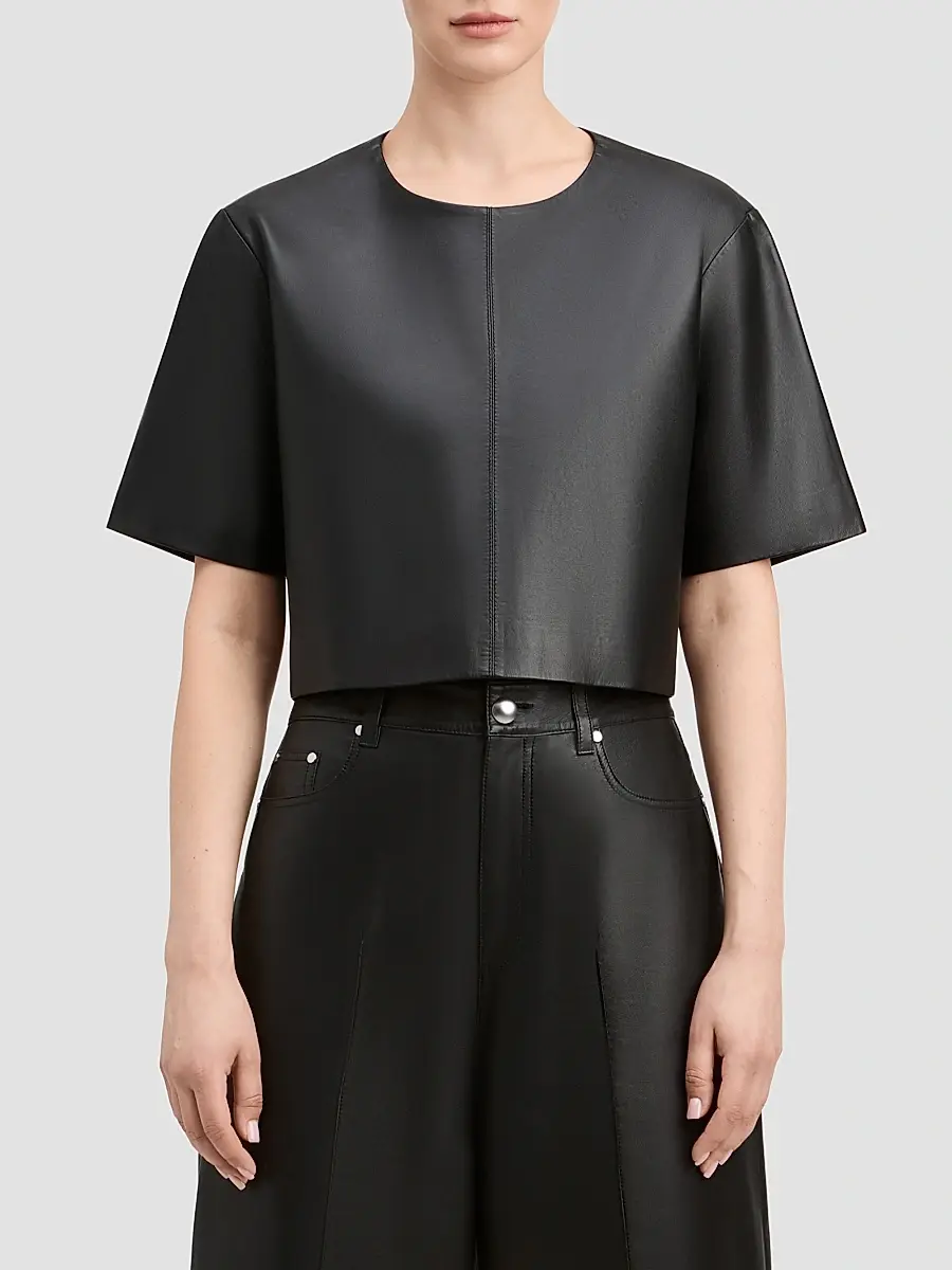 Derek Lam Women's Billie Paper Leather Short Sleeve Crop Top | Thumbnail 4 Derek Lam Women's Billie Paper Leather Short Sleeve Crop Top | Thumbnail 4